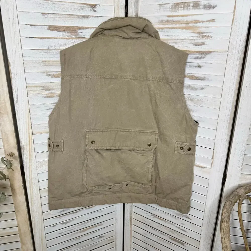 VTG EDDIE BAUER Men's L Quilted Canvas Goose Down Utility Vest Outdoor Tan